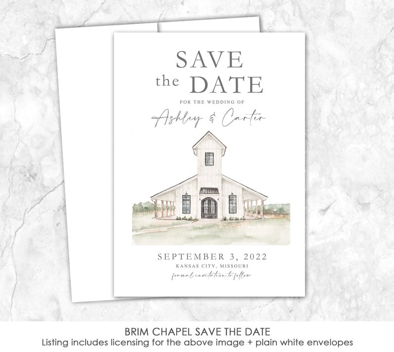 Brim Chapel Save the Date, Kansas City, Missouri, Venue Save the Date, Custom Venue, Watercolor, Cathedral, chapel, church image 1