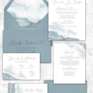 Watercolor Wedding Invitations, beach wedding, dusty blue wedding, wedding invites, wedding invitation, steel blue, blue & grey image 4