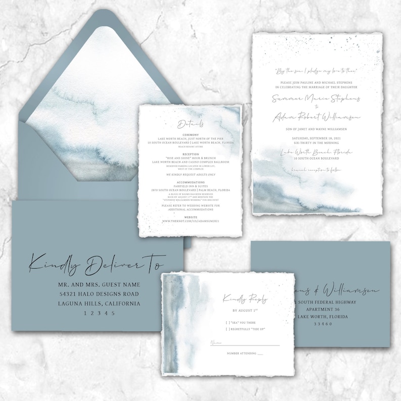 Watercolor Wedding Invitations, beach wedding, dusty blue wedding, wedding invites, wedding invitation, steel blue, blue & grey image 3