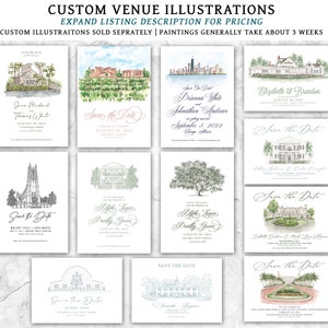 Puede incluir: Una colecci&oacute;n de 10 ilustraciones de acuarela y tinta de varios lugares de bodas. Cada ilustraci&oacute;n es una tarjeta de guardar la fecha con el nombre del lugar, la fecha y los nombres de la pareja. Las ilustraciones est&aacute;n en una variedad de estilos, incluyendo realista, caprichoso y abstracto.