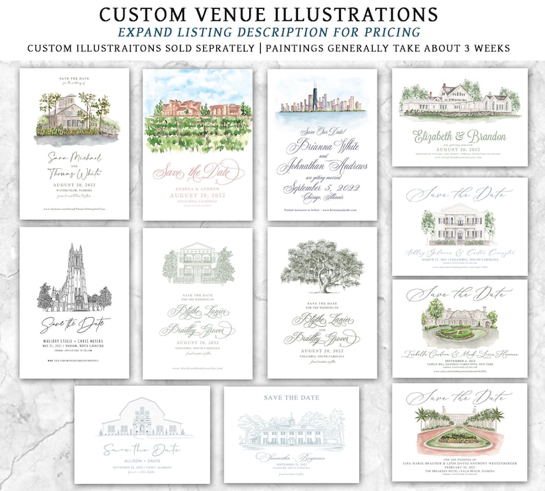 Puede incluir: Una colecci&oacute;n de 10 ilustraciones de acuarela y tinta de varios lugares de bodas. Cada ilustraci&oacute;n es una tarjeta de guardar la fecha con el nombre del lugar, la fecha y los nombres de la pareja. Las ilustraciones est&aacute;n en una variedad de estilos, incluyendo realista, caprichoso y abstracto.