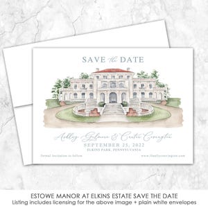 Elstowe Manor at Elkins Estate save the date | Florham Park, New Jersey | venue watercolor painting for save the dates or wedding invitation