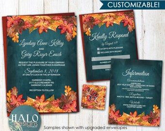 Rustic Fall Wedding invitation, Orange & Teal Wedding invitation, rustic invitations, Fall wedding invitations, fall leaves, teal, fall teal