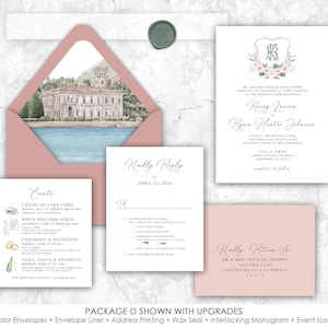 Villa Erba Wedding Invitation, Lake Como, Italy, watercolor venue wedding invitations