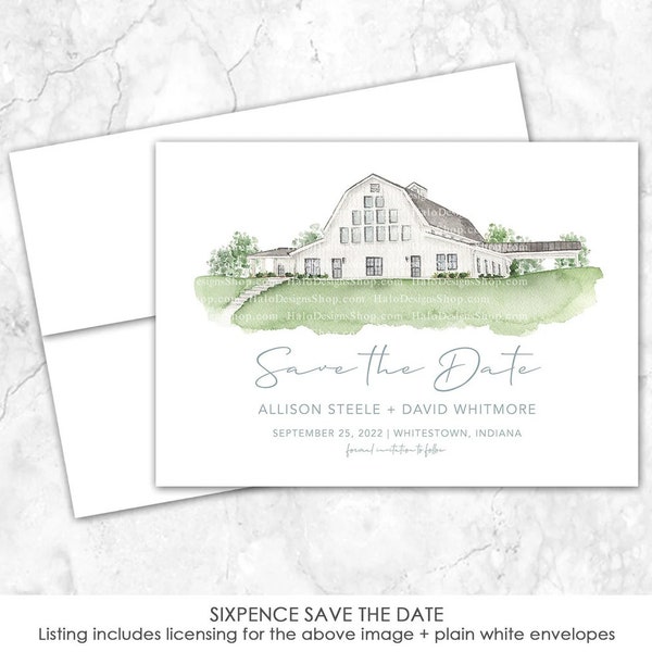Sixpence Save the Date, Indiana Estate Venue Save the Date, Custom Venue, Watercolor Painting, Custom Watercolor