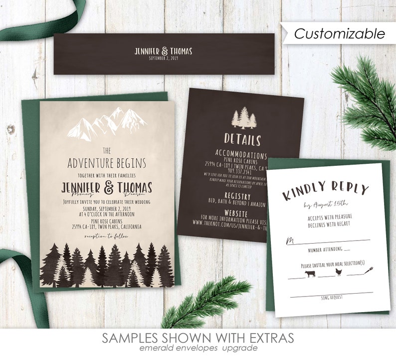 Mountain Wedding Invitations, forest wedding invitation, pine tree, wedding invites, greenery, mountain, forest, green, watercolor image 5