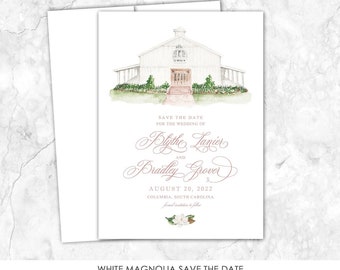 White Magnolia Save the Date, South Carolina Save the Date, Custom Venue, Watercolor Painting, Custom Watercolor