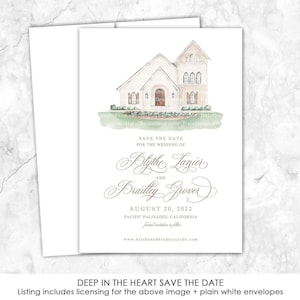 May include: Save the date card with a watercolor illustration of a white house with a brown door and green landscaping. The text reads "Save the Date for the Wedding of Blythe Lanier and Bradley Grover August 20, 2022 Pacific Palisades, California".