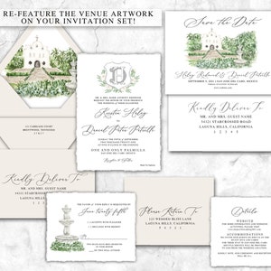 May include: A wedding invitation suite with a watercolor illustration of a white chapel with a green garden. The invitation includes the couple's names, wedding date, and location. The RSVP card features a fountain with a floral design. The details card includes information about the wedding website, accommodations, and other details.