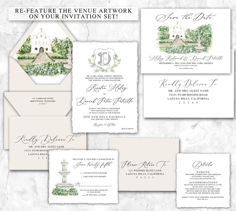 May include: A wedding invitation suite with a watercolor illustration of a white chapel with a green garden. The invitation includes the couple's names, wedding date, and location. The RSVP card features a fountain with a floral design. The details card includes information about the wedding website, accommodations, and other details.