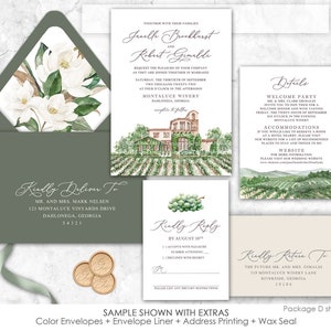 Montaluce Winery Wedding Invitation, custom venue wedding invitation, Dahlonega, Georgia, custom painted wedding venue, vineyard wedding