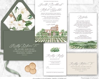 Montaluce Winery Wedding Invitation, custom venue wedding invitation, Dahlonega, Georgia, custom painted wedding venue, vineyard wedding