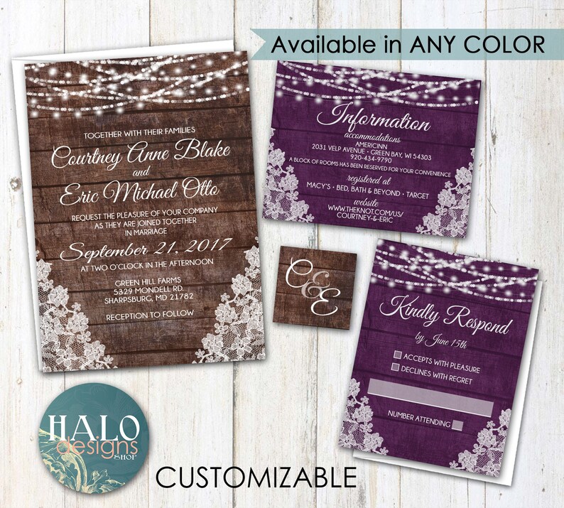 Rustic Lace Wedding invitation, ANY COLOR, Rustic Wedding invitation, rustic invitations image 3