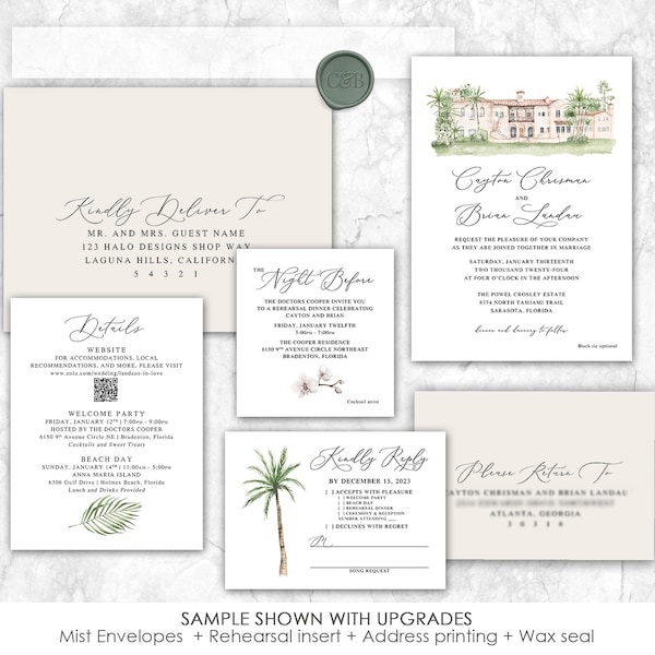 The Powel Crosley Estate, Sarasota, Florida, venue wedding invitation, custom painted wedding venue,