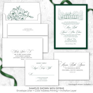 Magnolia Way Wedding Invitation, custom venue wedding invitation, South Carolina, custom wedding venue, venue line drawing, line art, green