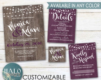 Rustic Wedding Invitations, ANY COLOR, Plum wedding invitation, Plum invitation, rustic wedding invite, rustic wood invitation