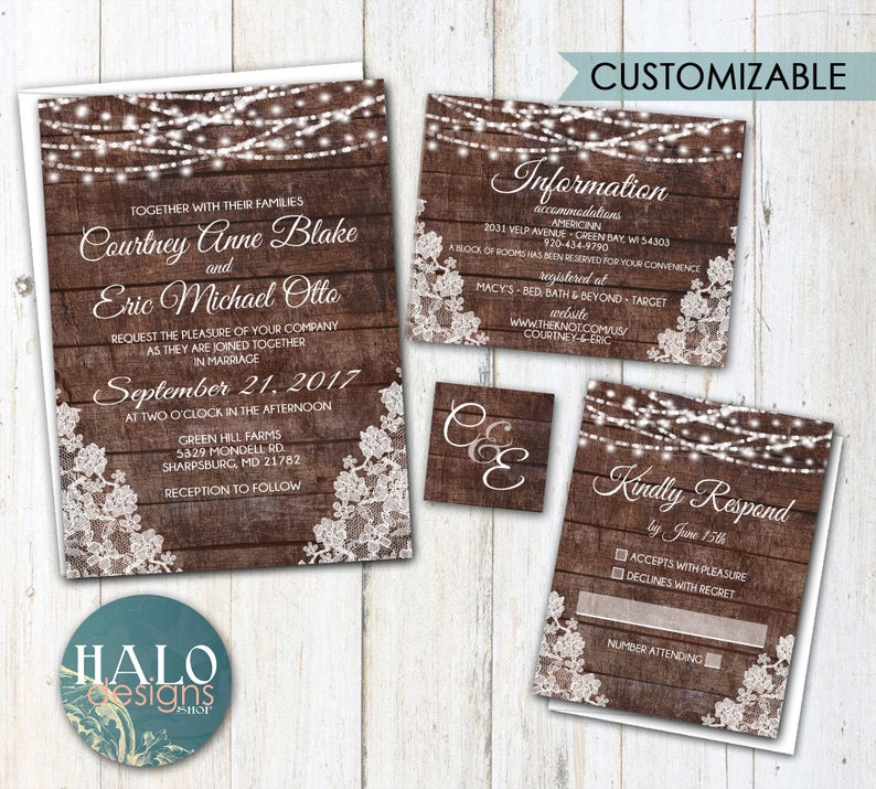 Rustic Lace Wedding invitation, ANY COLOR, Rustic Wedding invitation, rustic invitations image 1