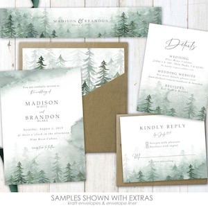 Forest Watercolor Wedding Invitations, pine tree wedding, wedding invites, wedding invitation, greenery, mountain, forest, green