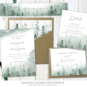 Forest Watercolor Wedding Invitations, pine tree wedding, wedding invites, wedding invitation, greenery, mountain, forest, green image 1