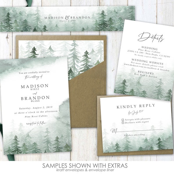 Forest Watercolor Wedding Invitations, pine tree wedding, wedding invites, wedding invitation, greenery, mountain, forest, green