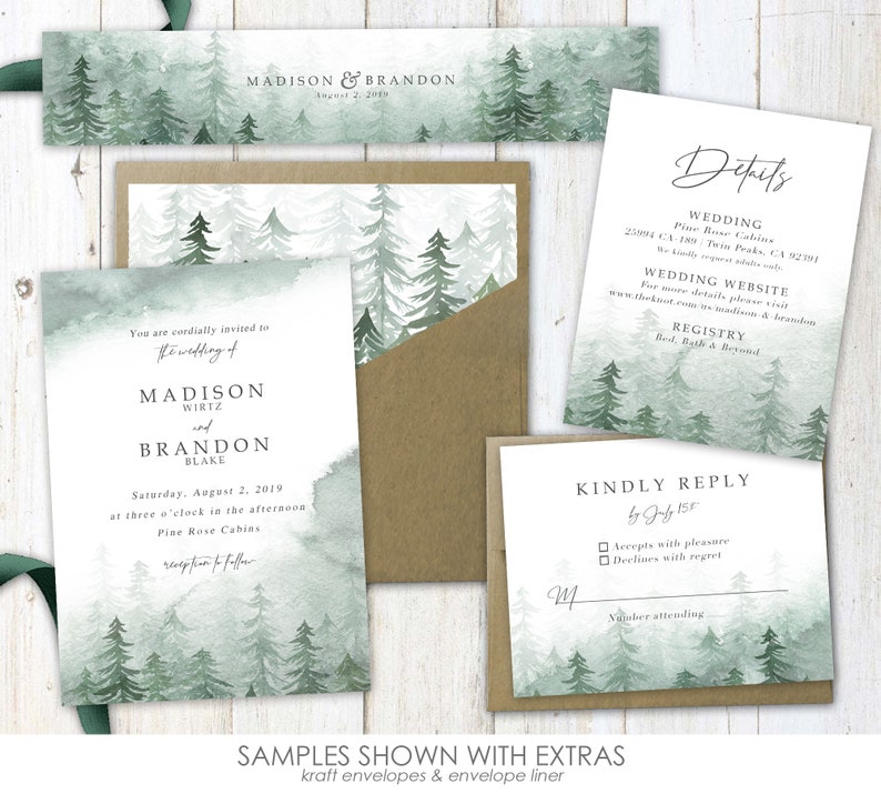 Forest Watercolor Wedding Invitations, pine tree wedding, wedding invites, wedding invitation, greenery, mountain, forest, green image 1