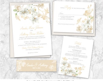 White Orchid Wedding Invitation, white & gold, orchid, tropical, Hawaiian, California, Florida, Mexico, destination, white wedding