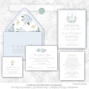 Hydrangea Crest Floral Wedding Invitation, Wedding crest Classic wedding, blue and white hydrangea