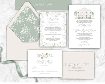 Tanglewood Plantation Wedding Invitation, custom venue wedding invitation, South Carolina, custom painted wedding venue