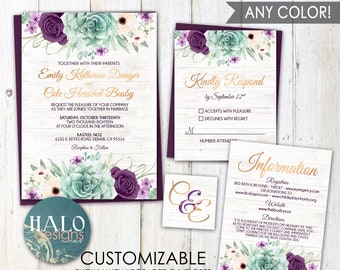 Rustic Plum Wedding Invitation, ANY COLOR, purple succulent wedding, invitation,rustic wedding invitation, navy wedding,succulent invitation