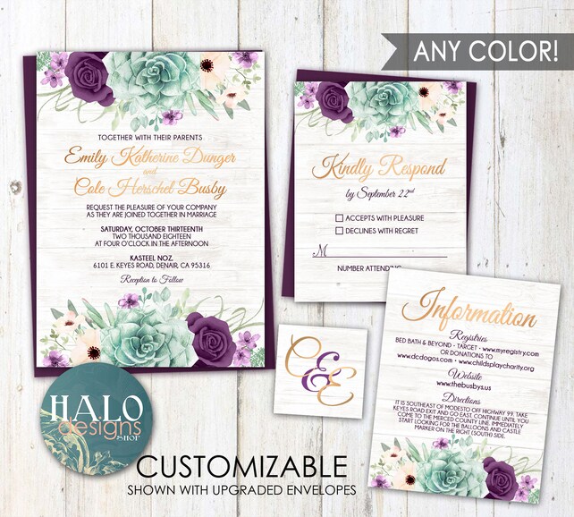 Rustic Plum Wedding Invitation Any Color Purple Succulent Wedding