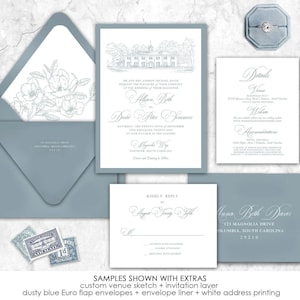 Magnolia Way Wedding Invitation, custom venue wedding invitation, South Carolina, custom illustration, etching, venue line drawing, line art