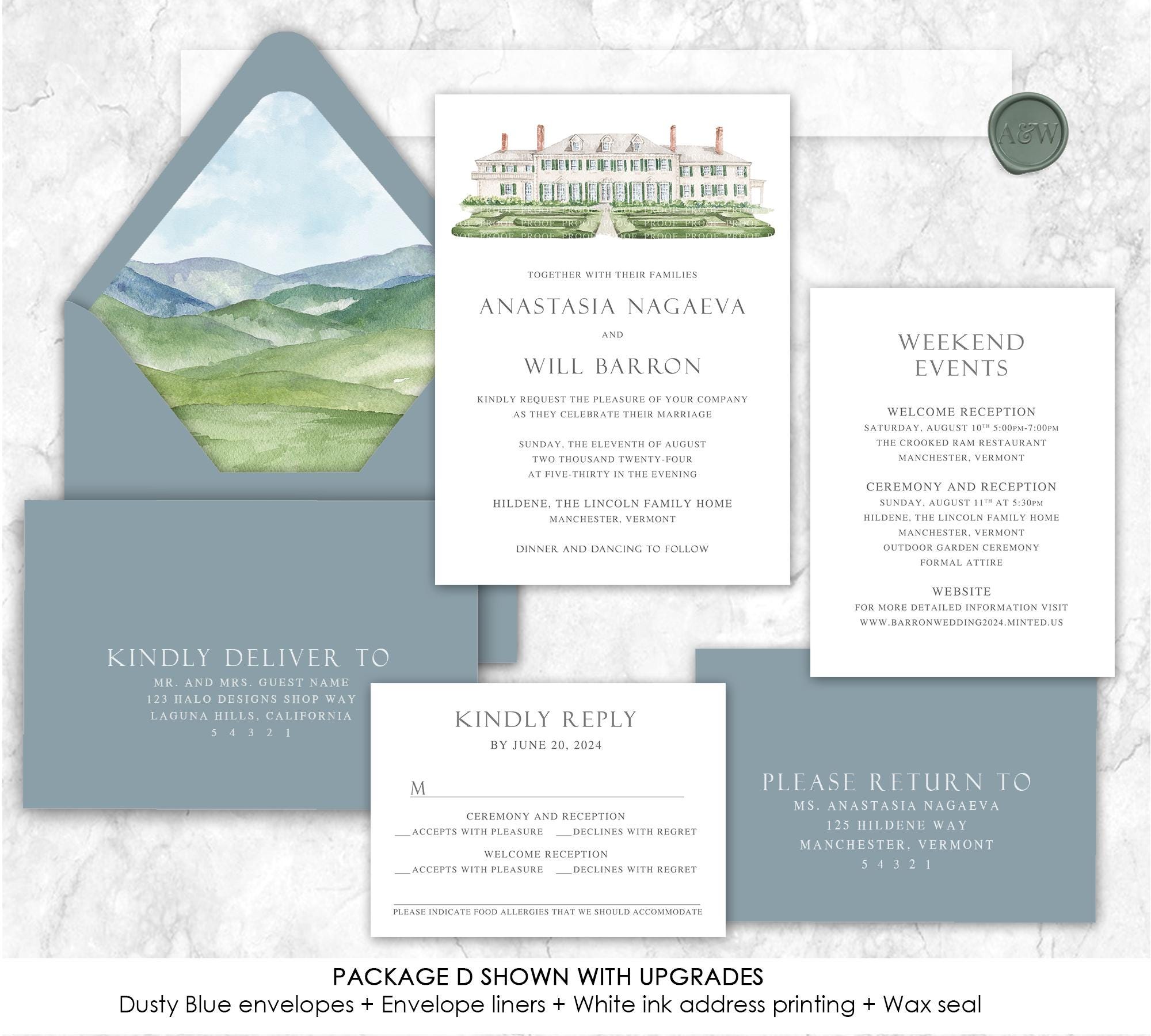 The Hildene, Lincolin Family Home,  Wedding Invitation, Manchester, Vermont custom venue wedding invitation, Venue wedding invitation