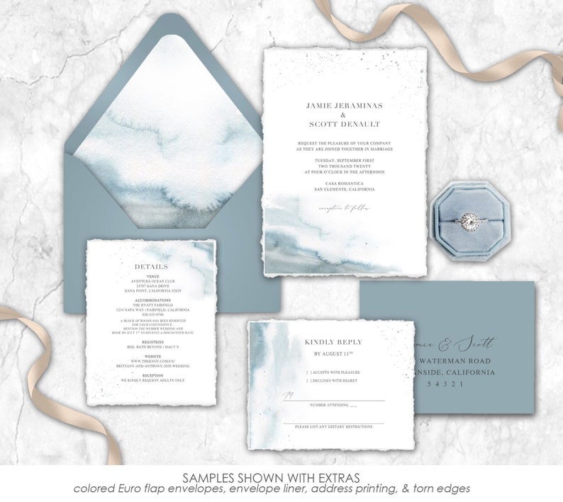 Watercolor Wedding Invitations, beach wedding, dusty blue wedding, wedding invites, wedding invitation, steel blue, blue & grey image 1