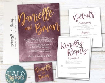 Mauve Watercolor Wedding Invitations, mauve and gold wedding, watercolor invite, wedding invites, wedding invitation, lilac, wisteria,