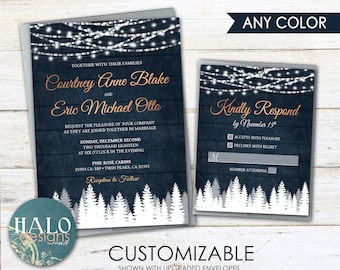 Winter Wedding Invitations, ANY COLOR, pine tree wedding, navy winter wedding invite, blue wedding, mountain wedding, forest wedding