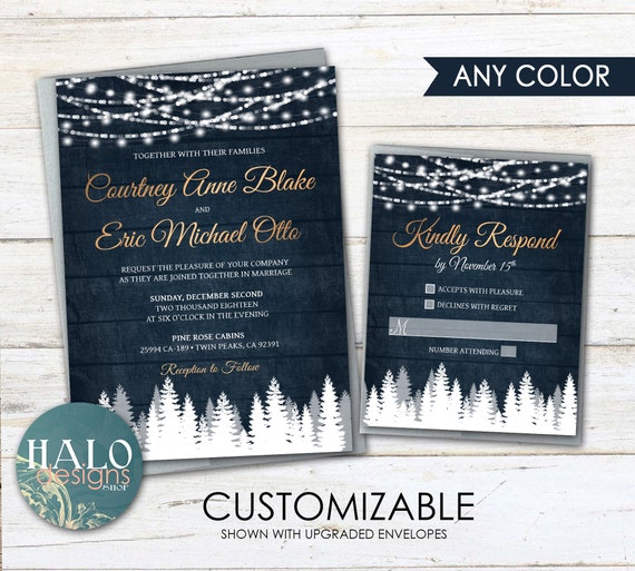 Winter Wedding Invitations Any Color Pine Tree Wedding Navy Etsy