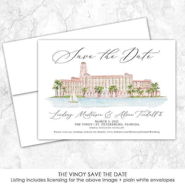 The Vinoy Save the Date, Florida Venue Save the Date, Castle, Custom Venue, Watercolor Painting, Custom Watercolor