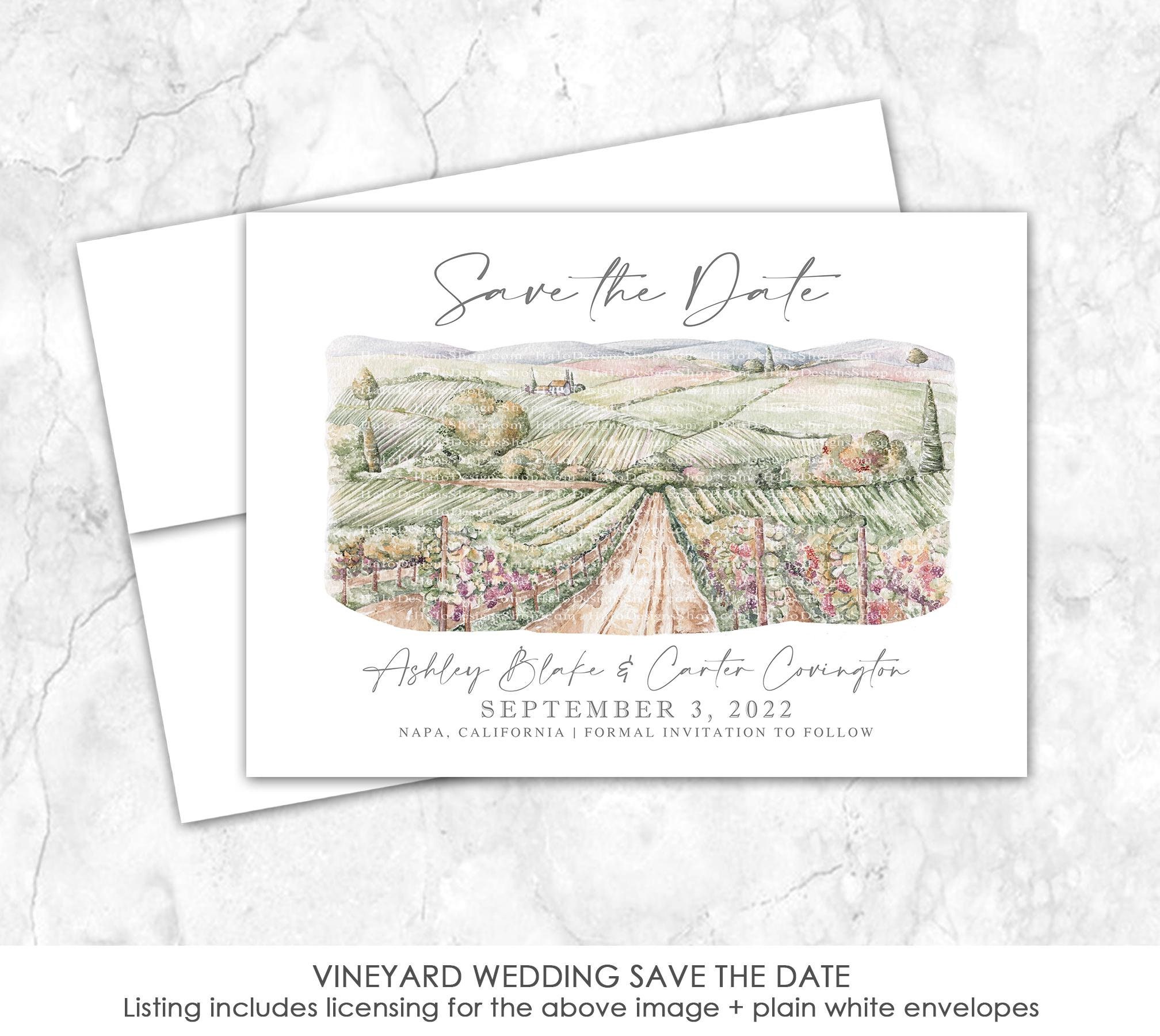 Vineyard Save the date, vineyard wedding Save the Date, wine country, Custom Venue, Watercolor, Napa, Temecula, Italy, Tuscany, winery,