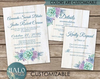 Rustic Succulent Wedding Invitation, ANY COLOR, Succulent wedding invitations, beach succulent wedding, rustic succulent