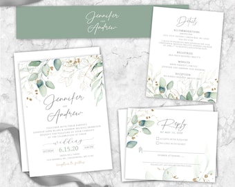 Watercolor Greenery Wedding Invitation, Classic wedding, simple, greenery, wedding invitation, botanical, elegant, leaves, printed, boho