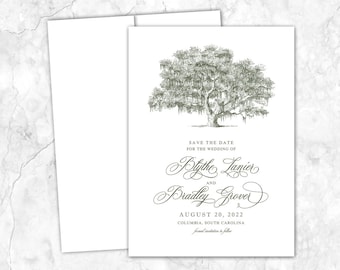 Oak Tree Save the Date, Spanish Moss Oak Save the Date, Custom Venue, line drawing, Custom sketch