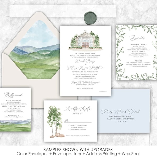 Pippin Hill Farm & Vineyards Wedding Invitation, custom venue wedding invitation, Virginia, custom painted wedding venue, barn wedding