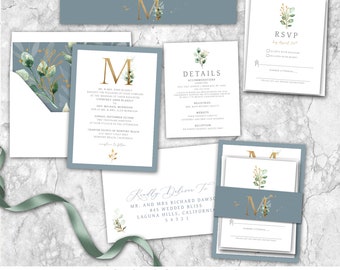 Simple Monogram Wedding Invitation, Classic wedding, simple, greenery, wedding invitation, elegant, leaves, printed, steel, dusty blue