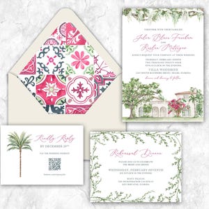 May include: A wedding invitation suite featuring a cream envelope with a colorful tile-patterned liner, a main invitation with a watercolor illustration of a villa, a palm tree RSVP card with a QR code, and a rehearsal dinner card with green vines.
