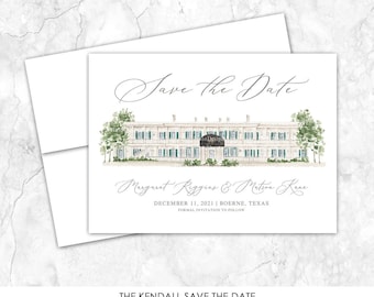 The Kendall Save the Date, Boerne, Texas, Save the Date, Custom Venue, Watercolor Painting, Custom Watercolor