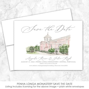 May include: Save the Date card with a watercolor illustration of Penha Longa Monastery in Sintra, Portugal. The card is white with black text and features the names Angela Rouse and Julia Rizk, the date August 13, 2022, and the website www.theknot.com/angelaandjuliowedding. The text "Password: Sintra2022" is also included.
