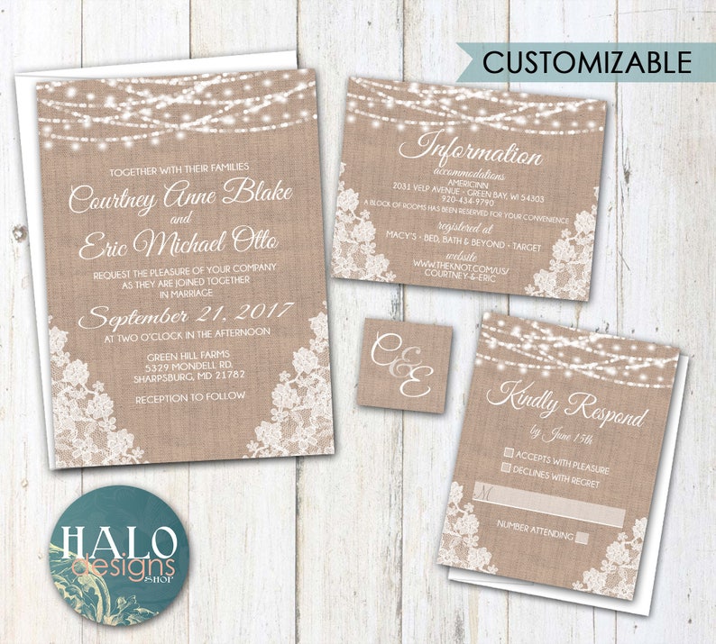 Rustic Lace Wedding invitation, ANY COLOR, Rustic Wedding invitation, rustic invitations image 6