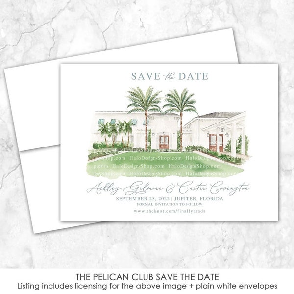 Pelican Club Save the Date, Jupiter Florida Save the Date, Custom Venue, Watercolor Painting, Custom Watercolor