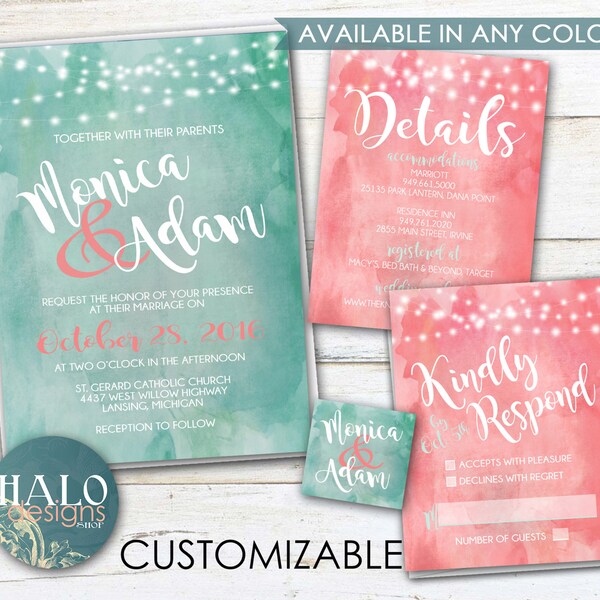 Mint and Coral Wedding Invitations Etsy