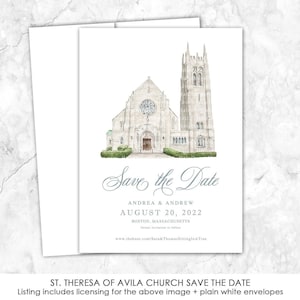 St. Theresa of Avila Church, Boston, Massachusetts, custom painted venue save the date, photo save the date